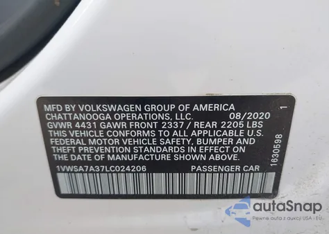 2020 Volkswagen Passat 2.0T Se z USA, uszkodzony, nr VIN 1VWSA7A37LC024206